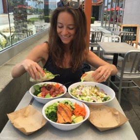 Jackie eating tacos at Malibu Fish Grill